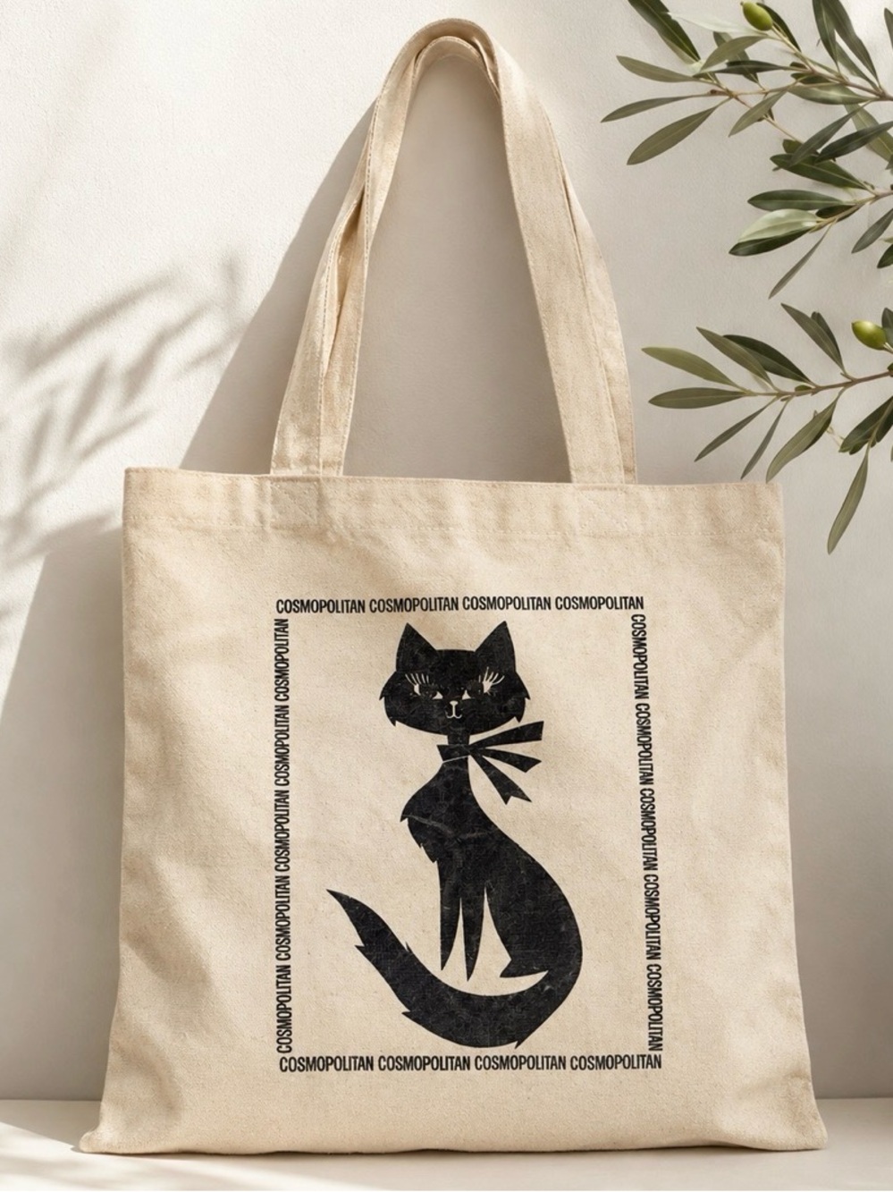 Vintage Cosmopolitan Beige Tote with Black Cat Print